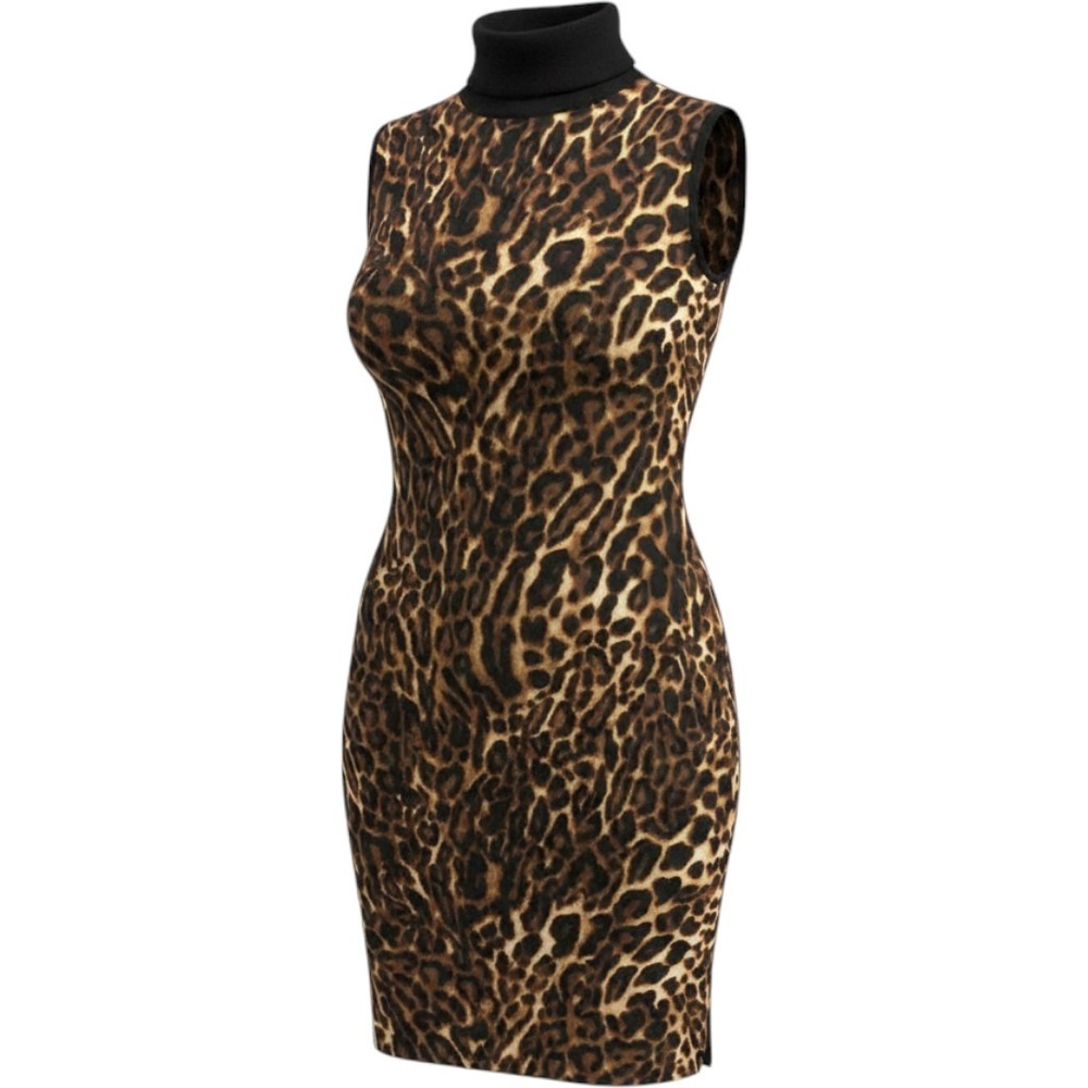 Lauren Ralph Lauren Leopard Print Turtleneck Sleeveless Sweater Dress Brown Med